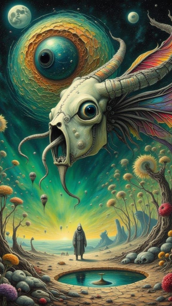 Surreal Landscape with Peacock Feathers and Giant Eye