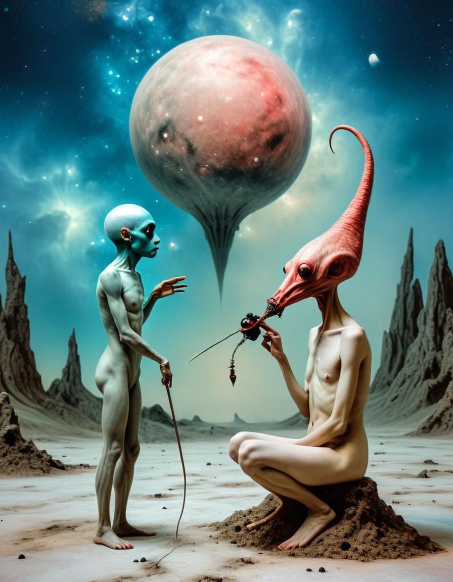 Surreal Galaxy Creatures in White Laboratory