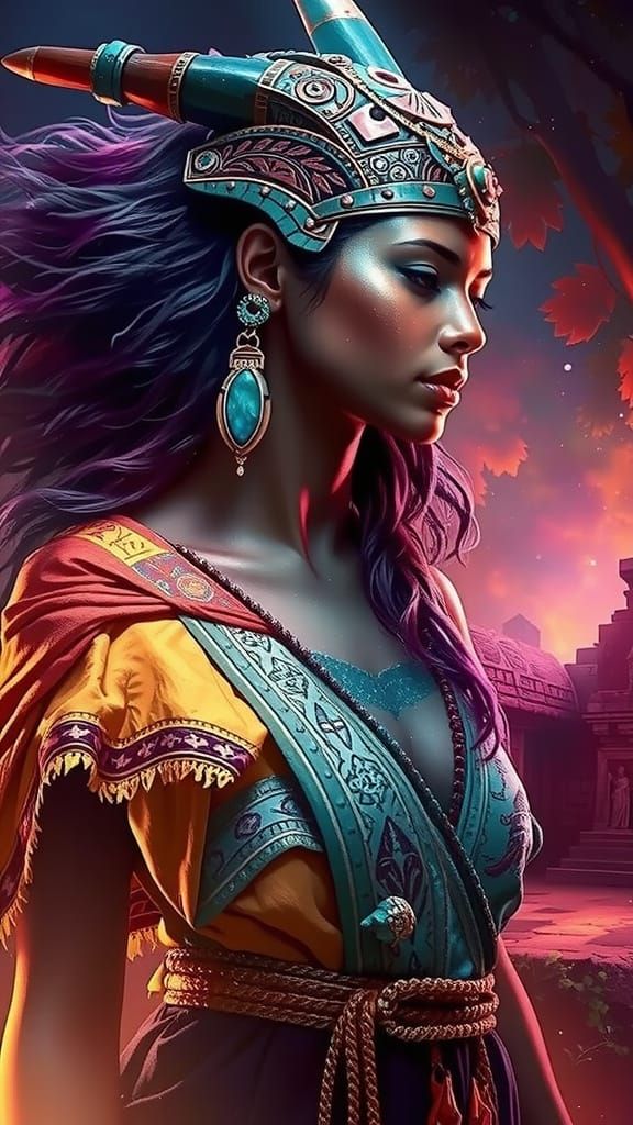 Ancient Mayan Woman in Jungle Temple with Obsidian Jade Robe