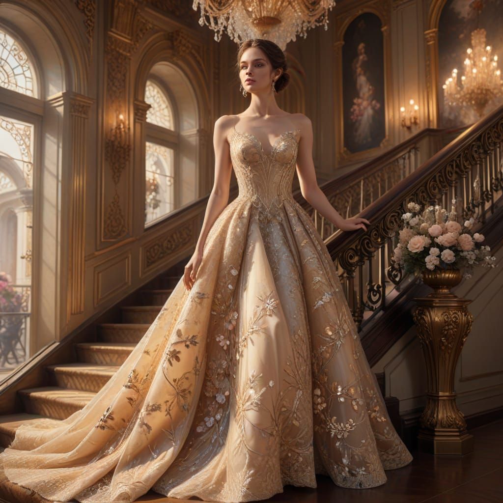 Elegant Woman in Luminous Dior Gown on Grand Staircase