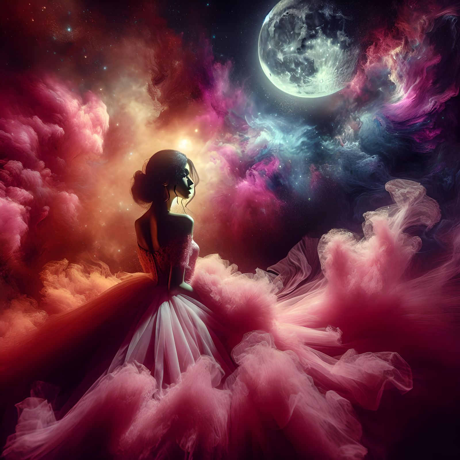 South Asian Woman in Pink Gown under Moonlight