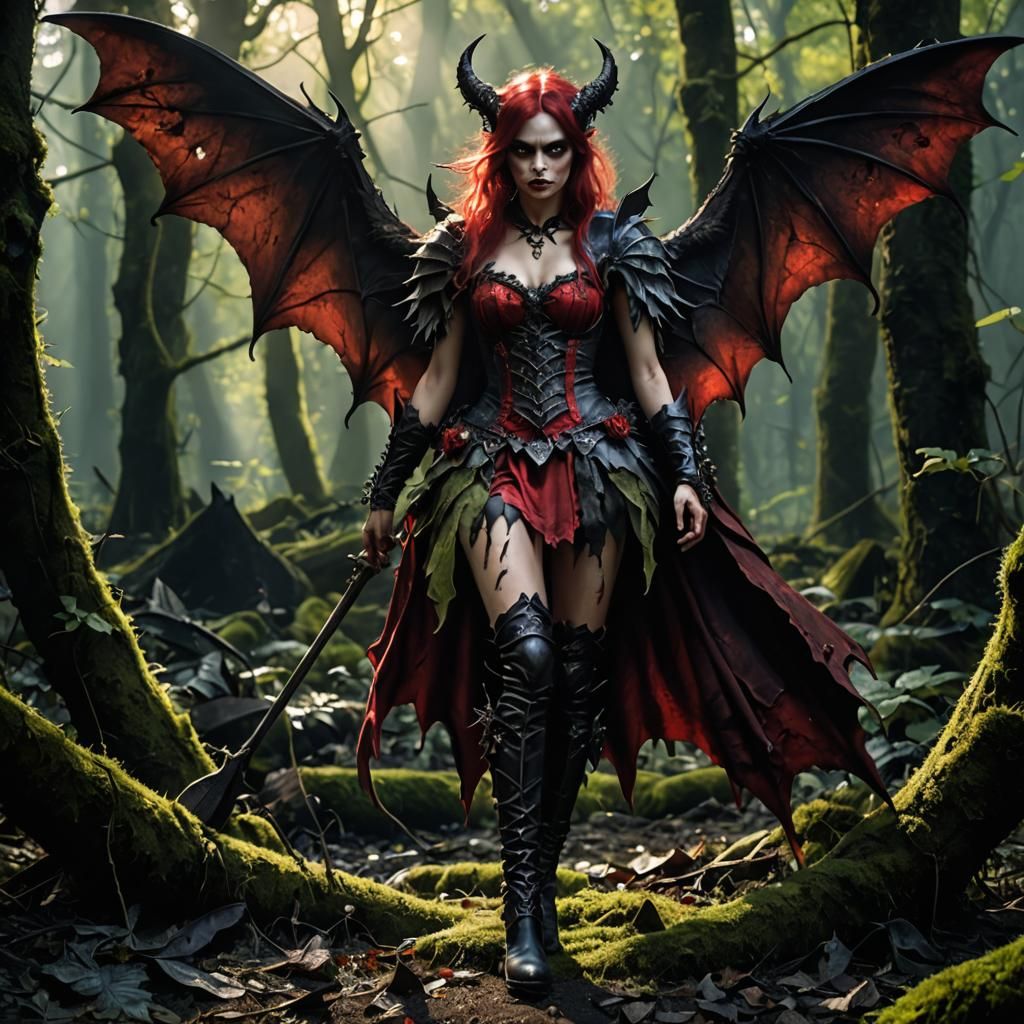 Demonic Fairy Warrior with Bat Wings in Ethereal Style