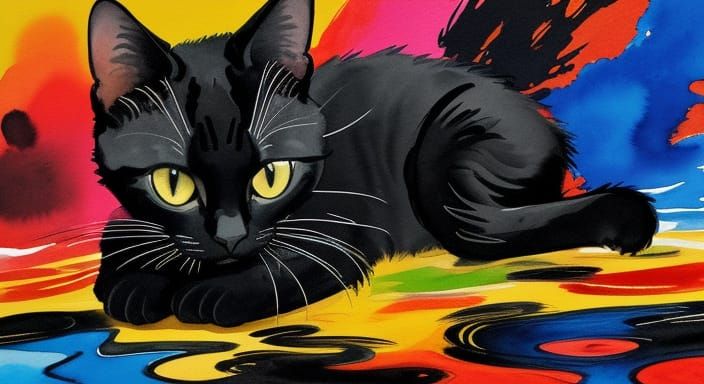 Vibrant Black Cat in Expressionist Watercolor