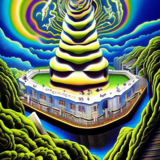 Surreal Victorian Village Cliffside Illustration