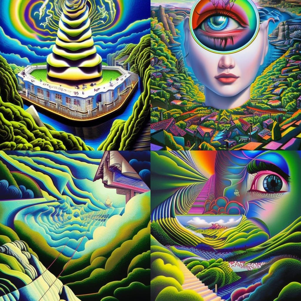 Victorian Village Optical Illusion in Vibrant Digital Art