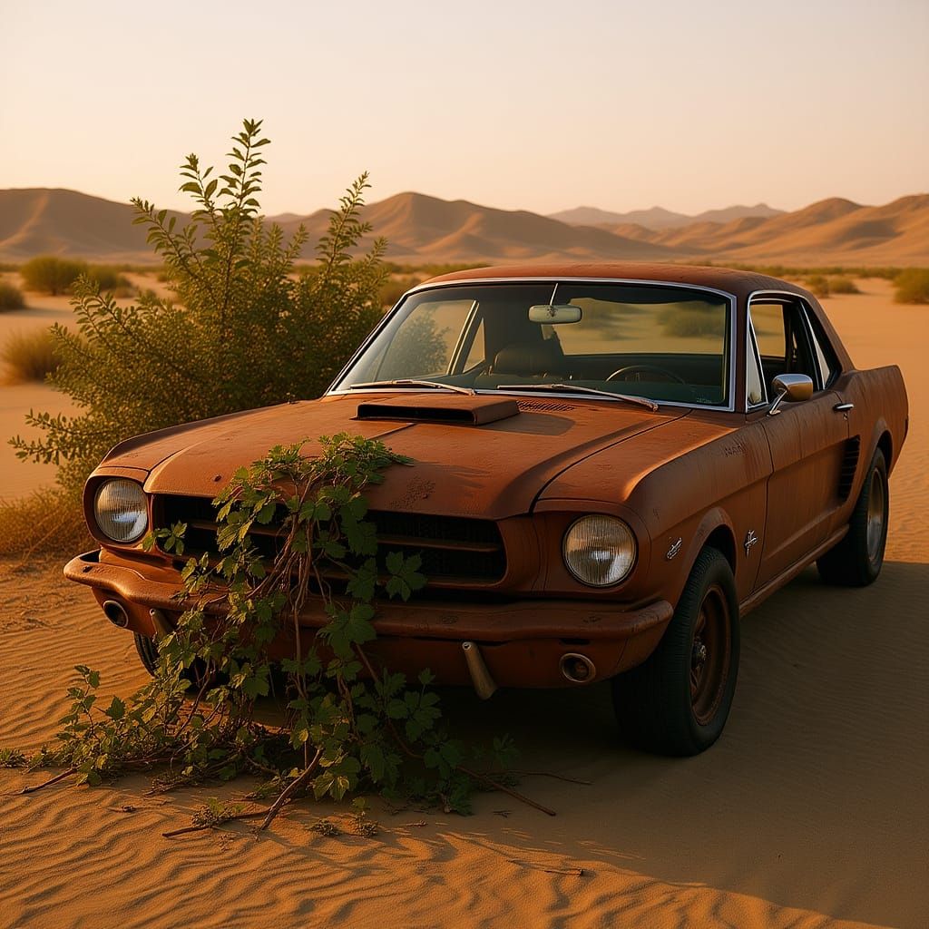 Rusted 1966 Ford Mustang in Mojave Desert