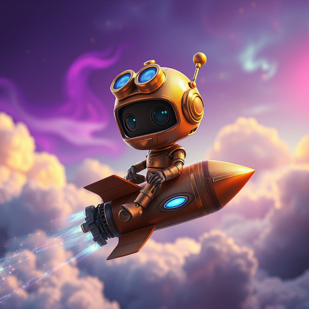 Robot on Rocket Soaring Through Dreamy Sky