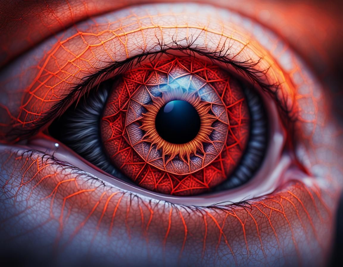 Geometric Eye: Hyperrealistic Illustration in Red Neon