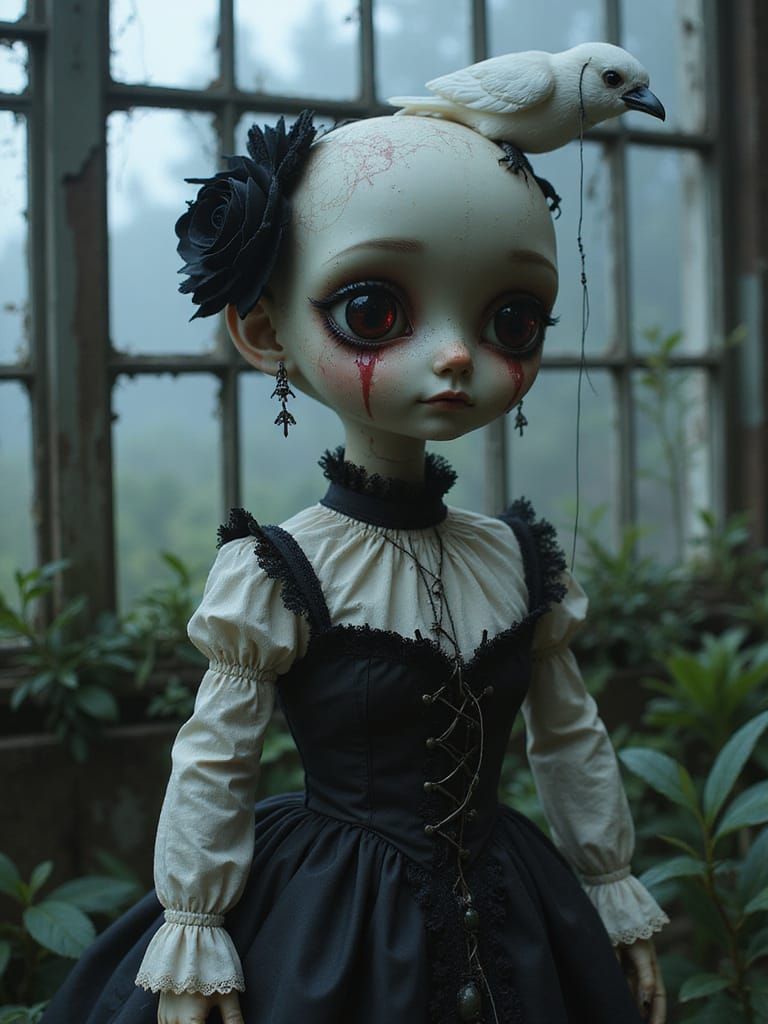 broken dolly with albino raven