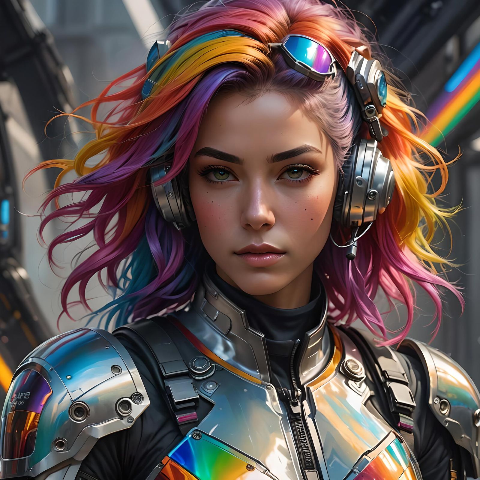 Hyperrealistic Portrait: Armored Woman with Rainbow Hair