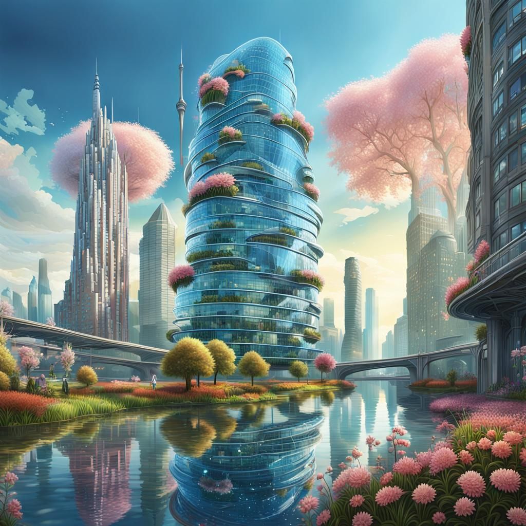 Futuristic Chromepunk Skyscraper in Idyllic Riverscape