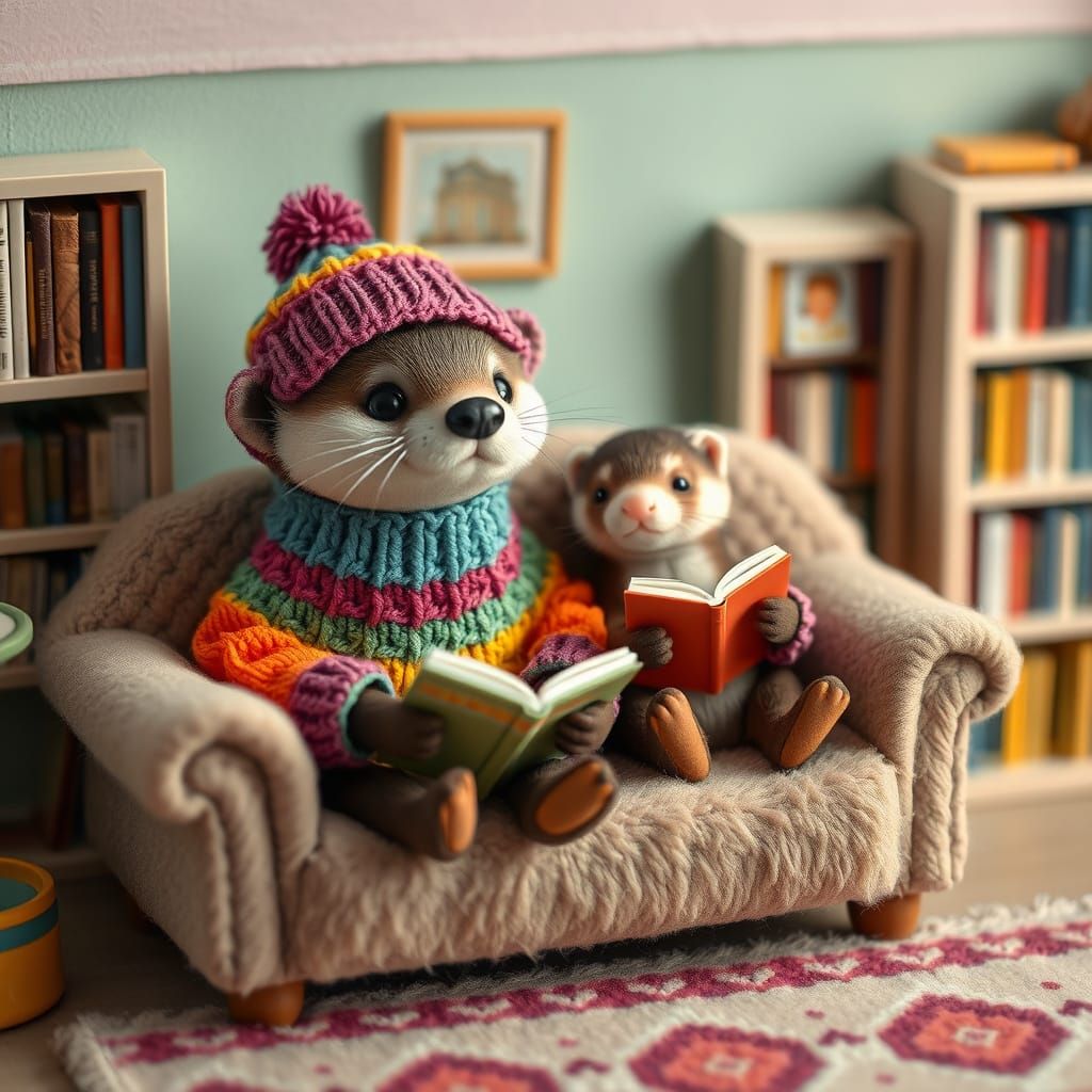 Otter and Ferret Reading in Tiny Apartment