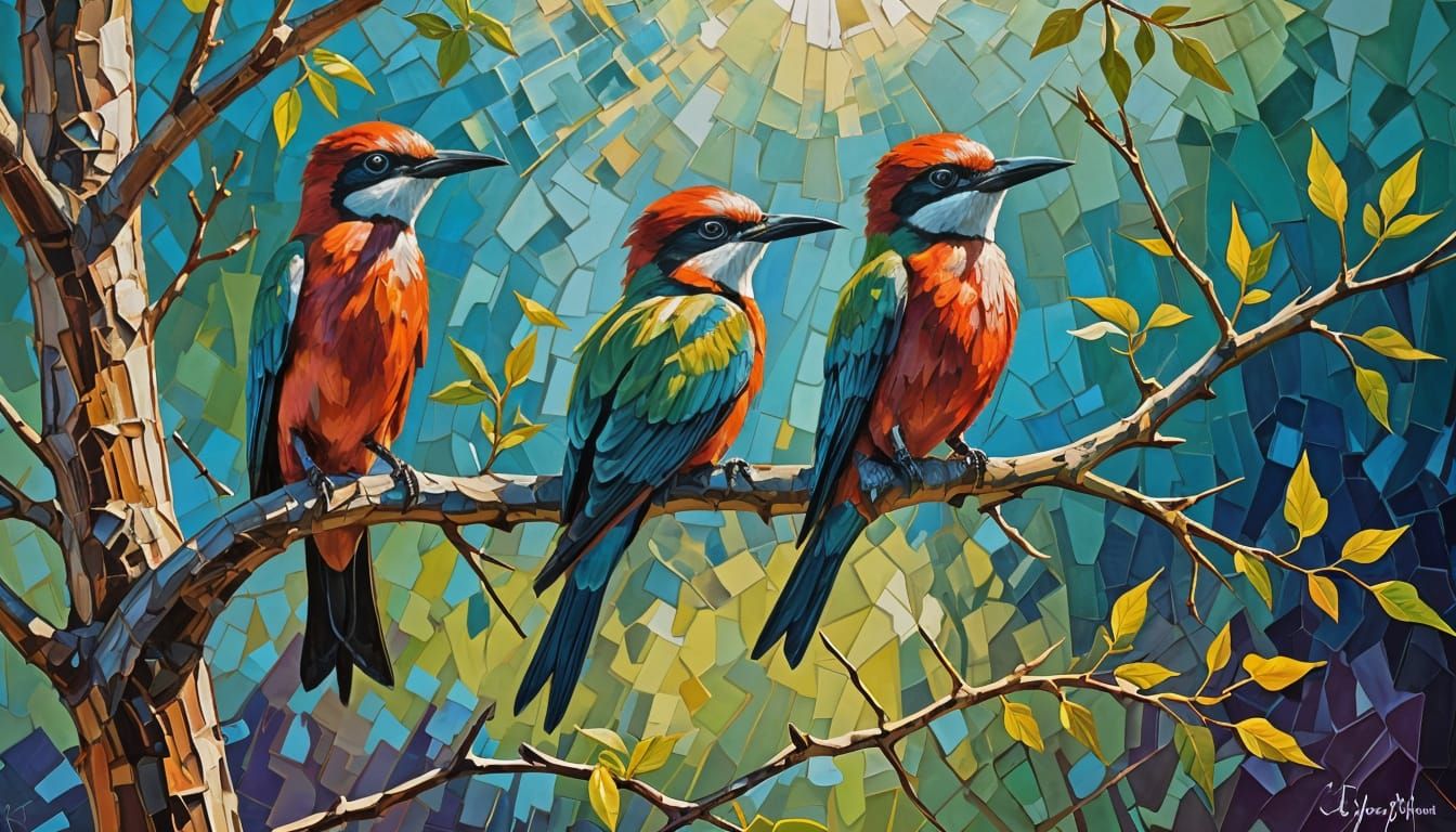 Carmine Bee-eaters in Neo-Impressionist Oil Painting Style