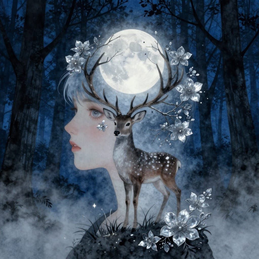 Mystical Girl with Forest Spirit and Lunar Glow