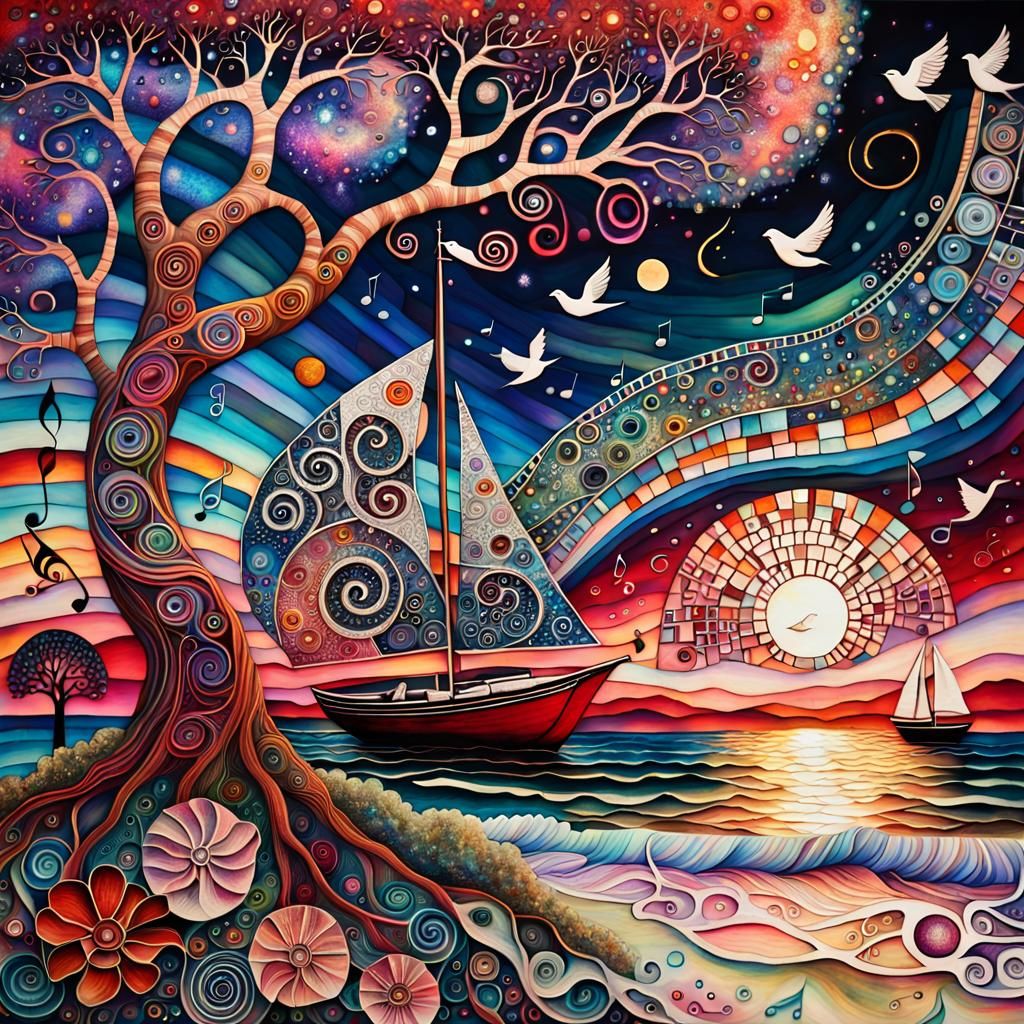 Surreal Twilight Scene with Birds and Music, Klimt Inspired