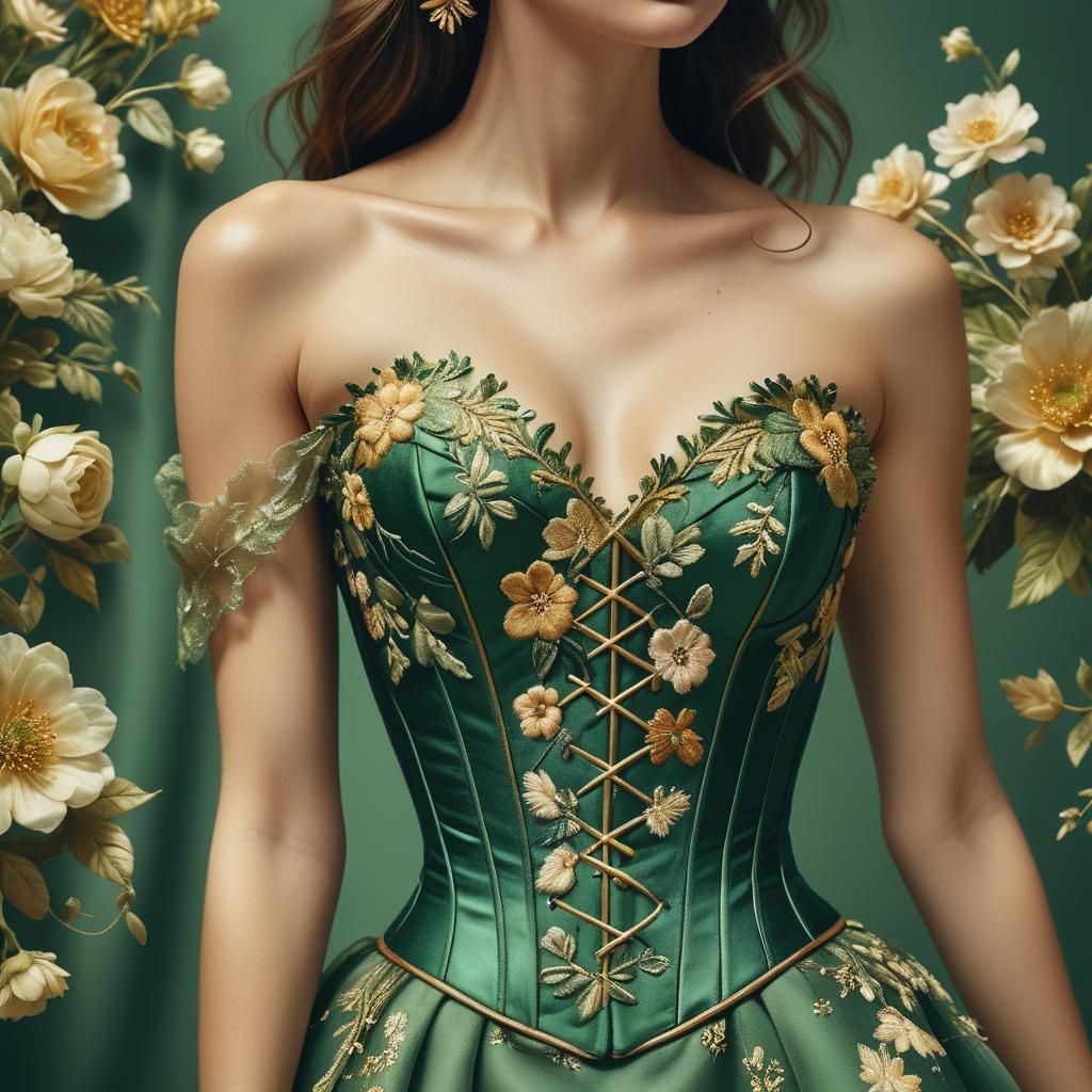 Green Floral Corset Dress: Digital Fashion Illustration
