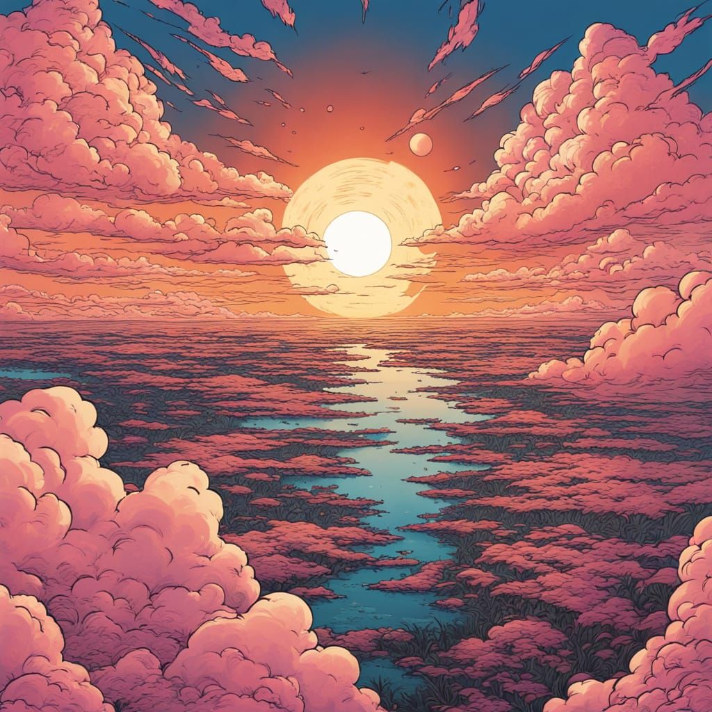 Crimson Sun Rises Over Vibrant Clouds in Comic Style