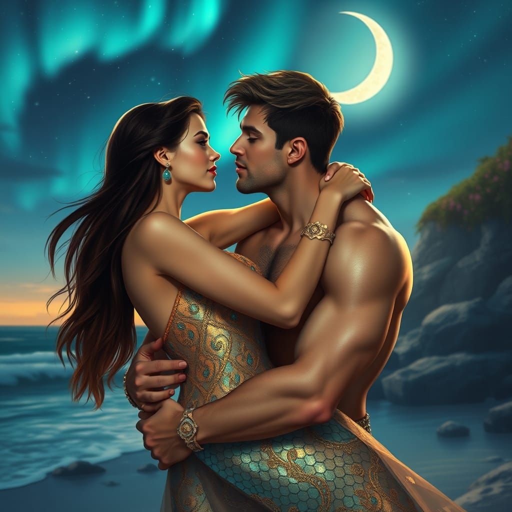 Merman Prince and Fairy Princess Kiss Under Moonlight