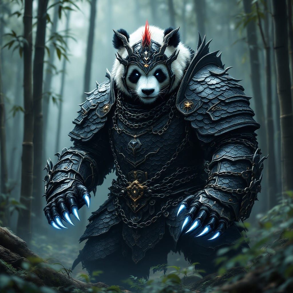 Dragon-Scale Armored Panda Bear in Majestic Bamboo Forest