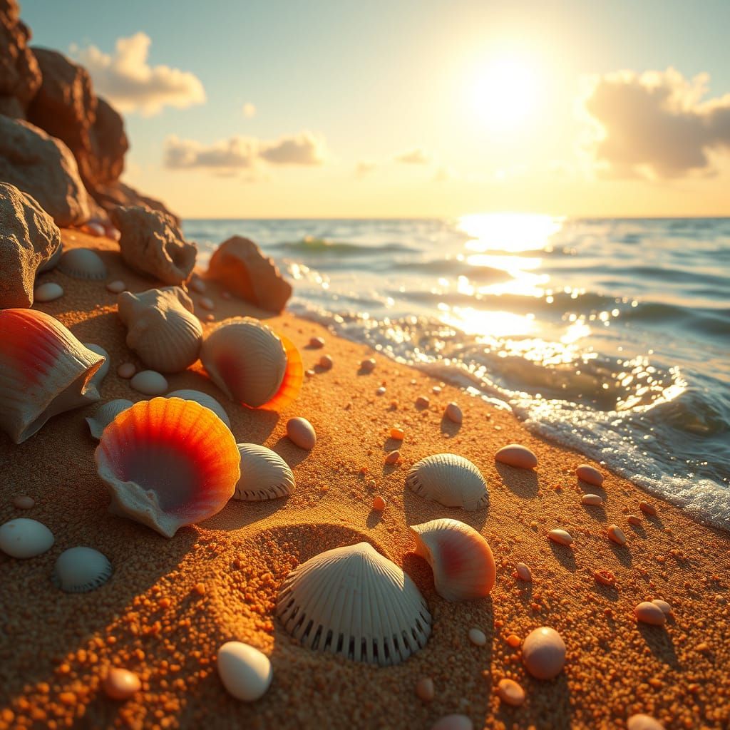 Golden Seaside Scene with Shimmering Shells as Matte Paintin...