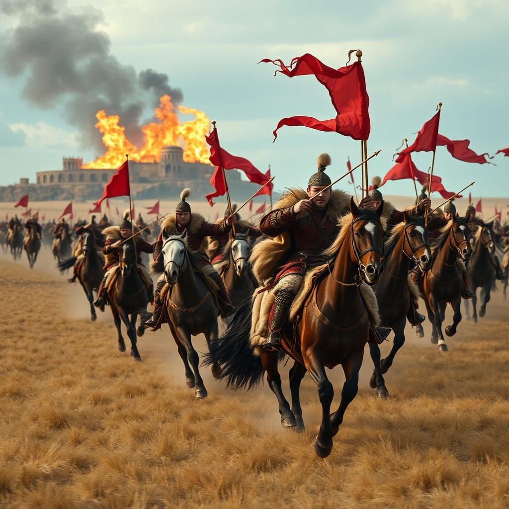 Mongol Warriors Gallop Across Steppe in Ultrarrealism