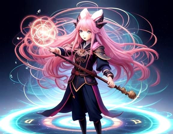 Cute Anime Sorceress Summons Vortex with Staff