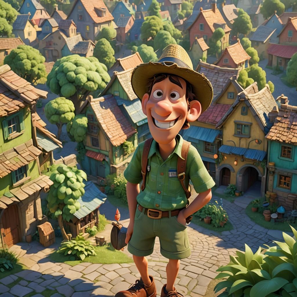 Goofy Giant in Whimsical Village: Pixar-Inspired 3D Art