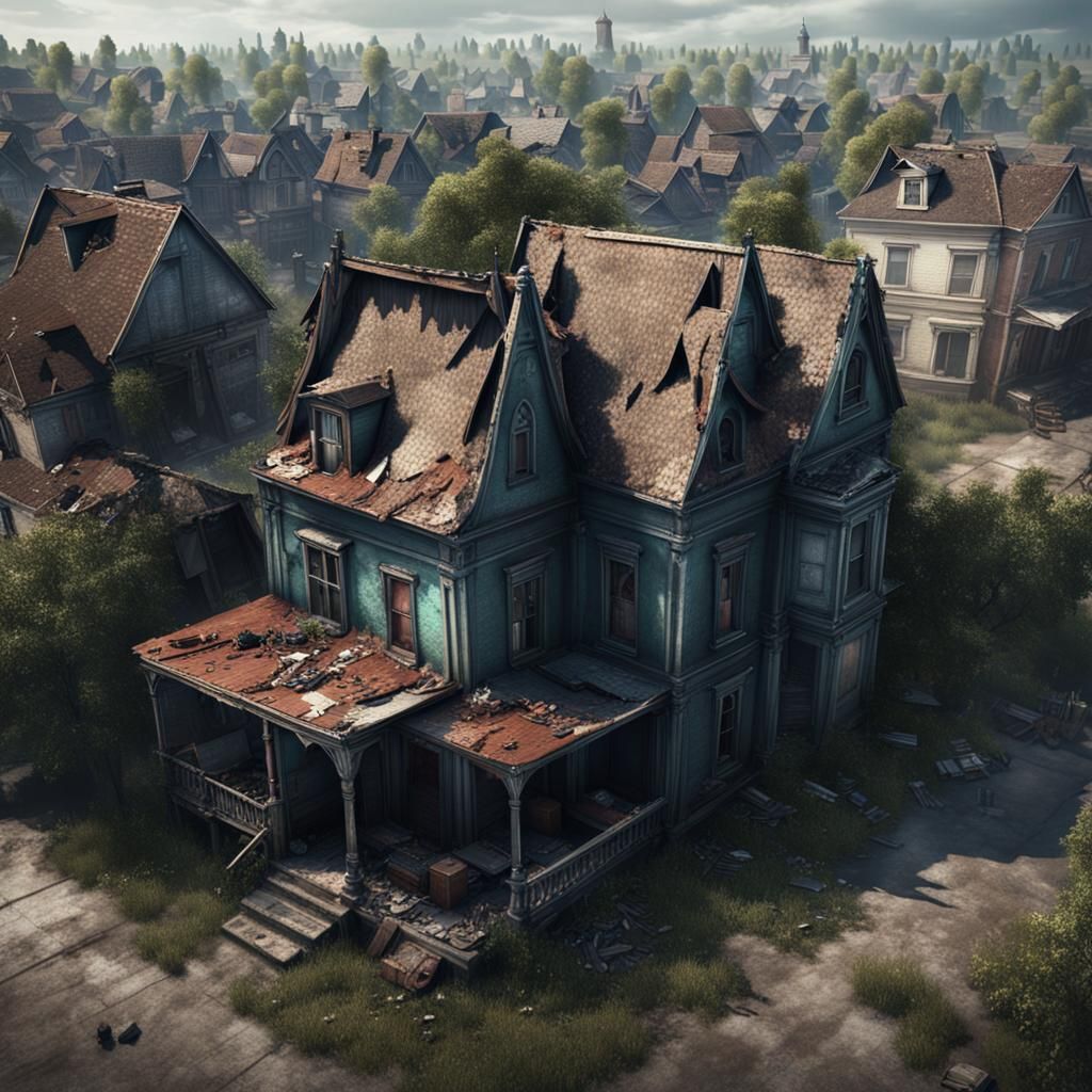 Gothic Neighborhood View with Abandoned House