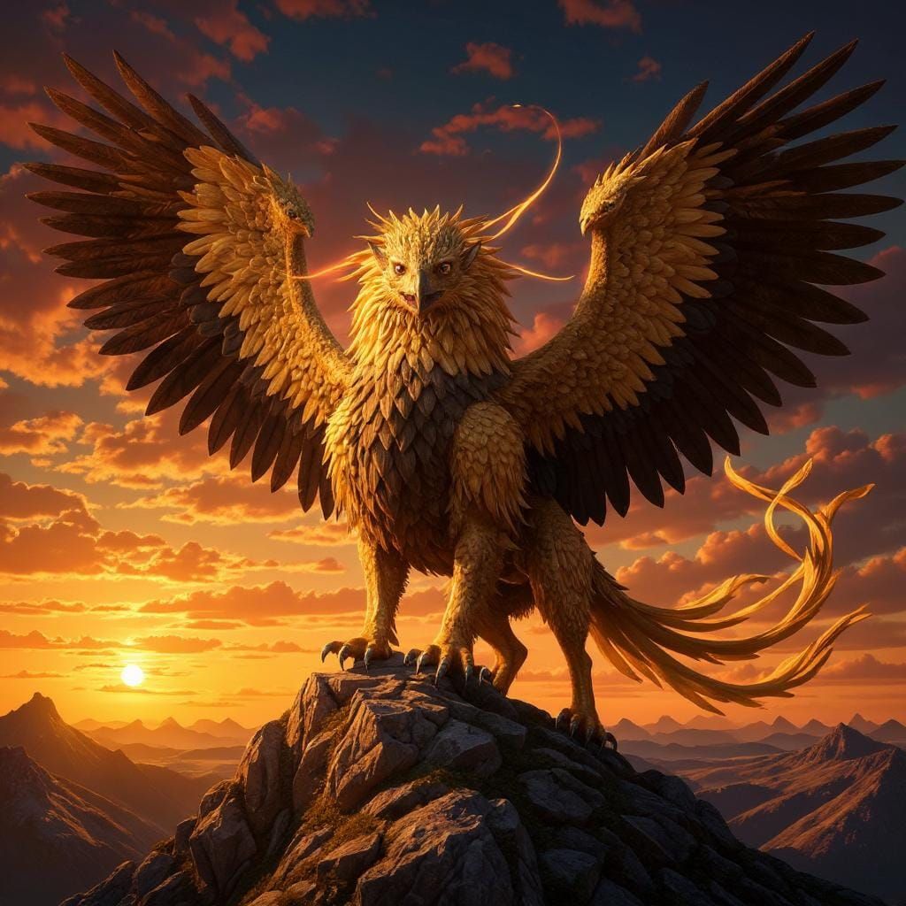 Majestic Griffin on Mountain at Sunset