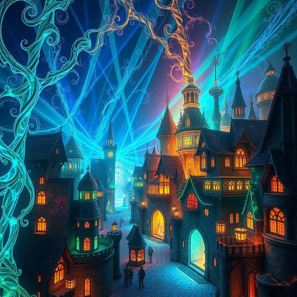 Luminous Medieval Town Constructed from Beams of Light