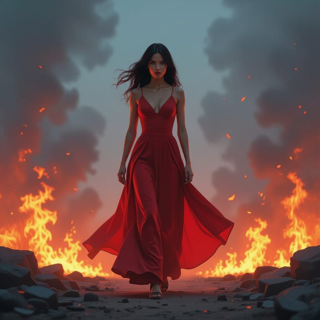 Futuristic Girl Walking Through Fire in Vibrant Style