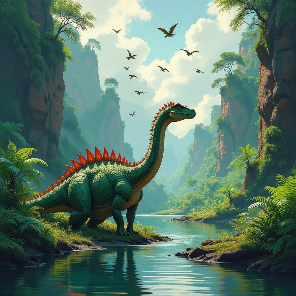 Dinosaur Grazing in Lush Volcanic Landscape