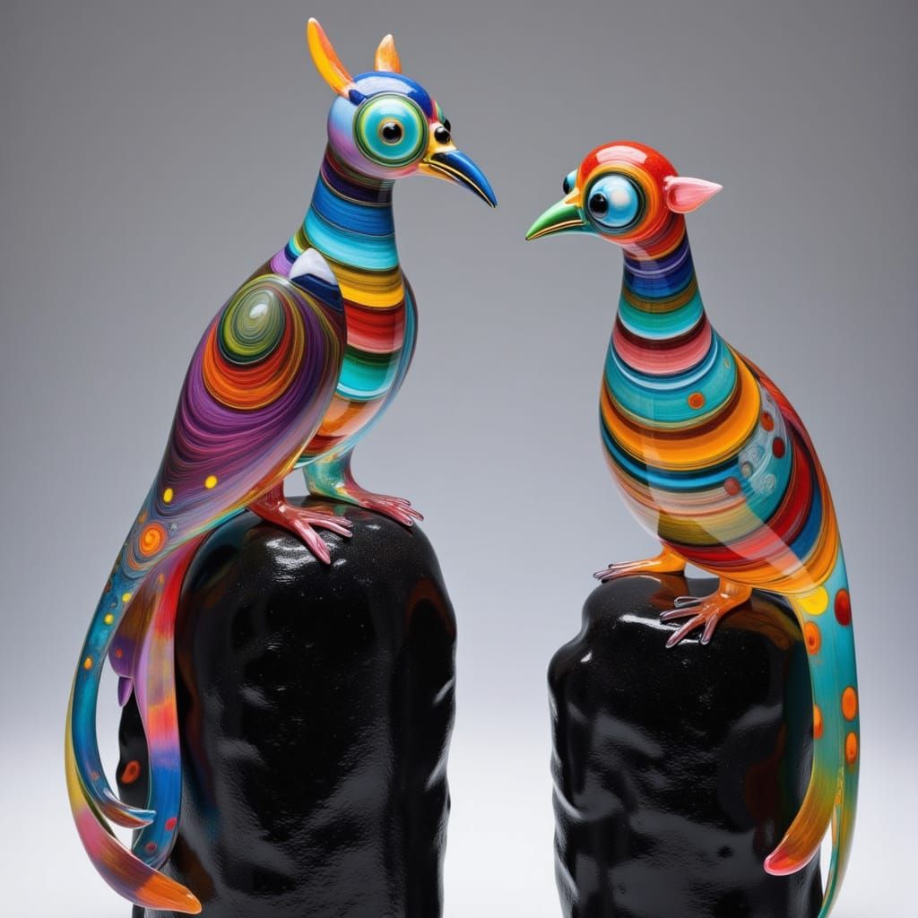 Surreal Feline Bird Glass Sculptures on Obsidian Pillars
