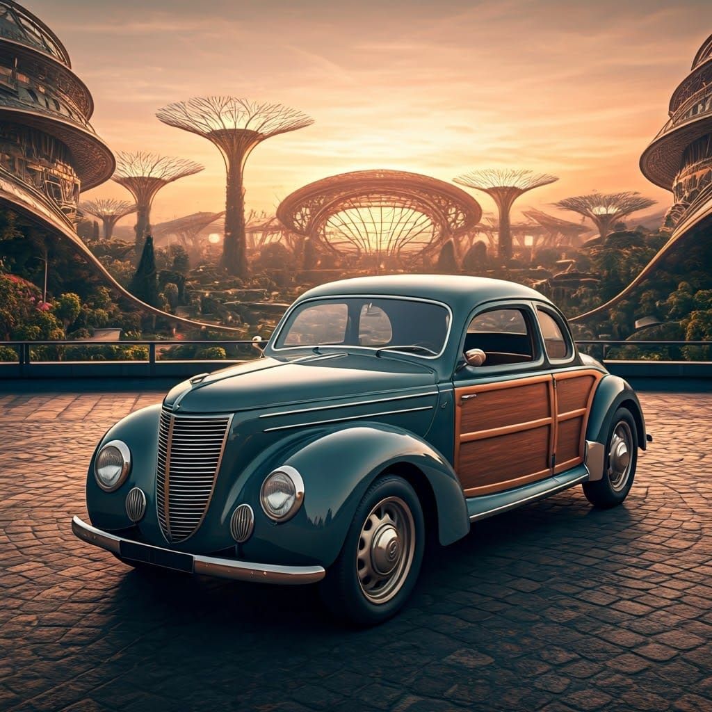 Retrofuture Car in Steampunk Eco City