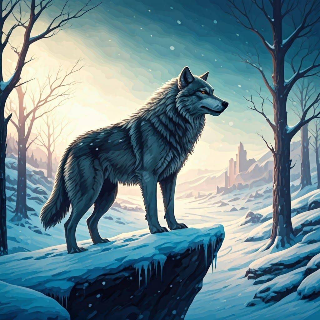 Dire Wolf in Snowy Winter Landscape: Pencil Illustration