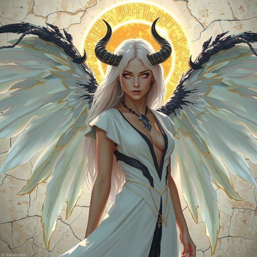 Ethereal angel woman with flowing white hair, golden glowing eyes, and branching black horns. Her white and black wings ...