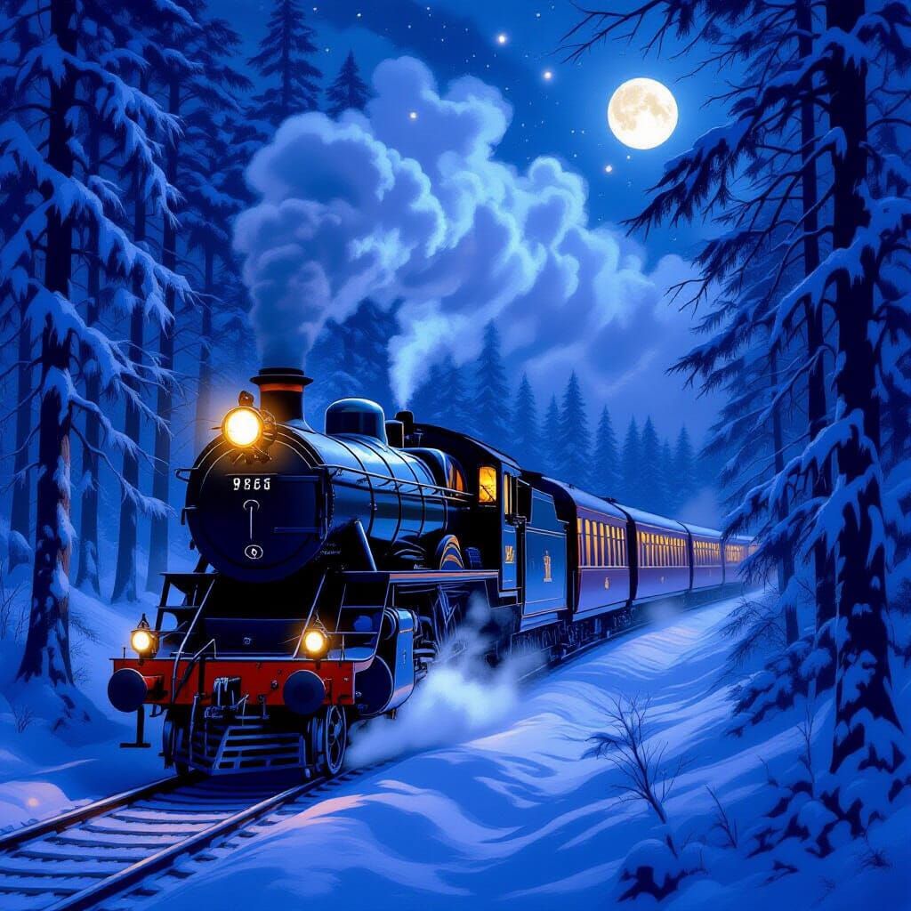 Hogwarts Express Through Snowy Forest in Digital Painting St...