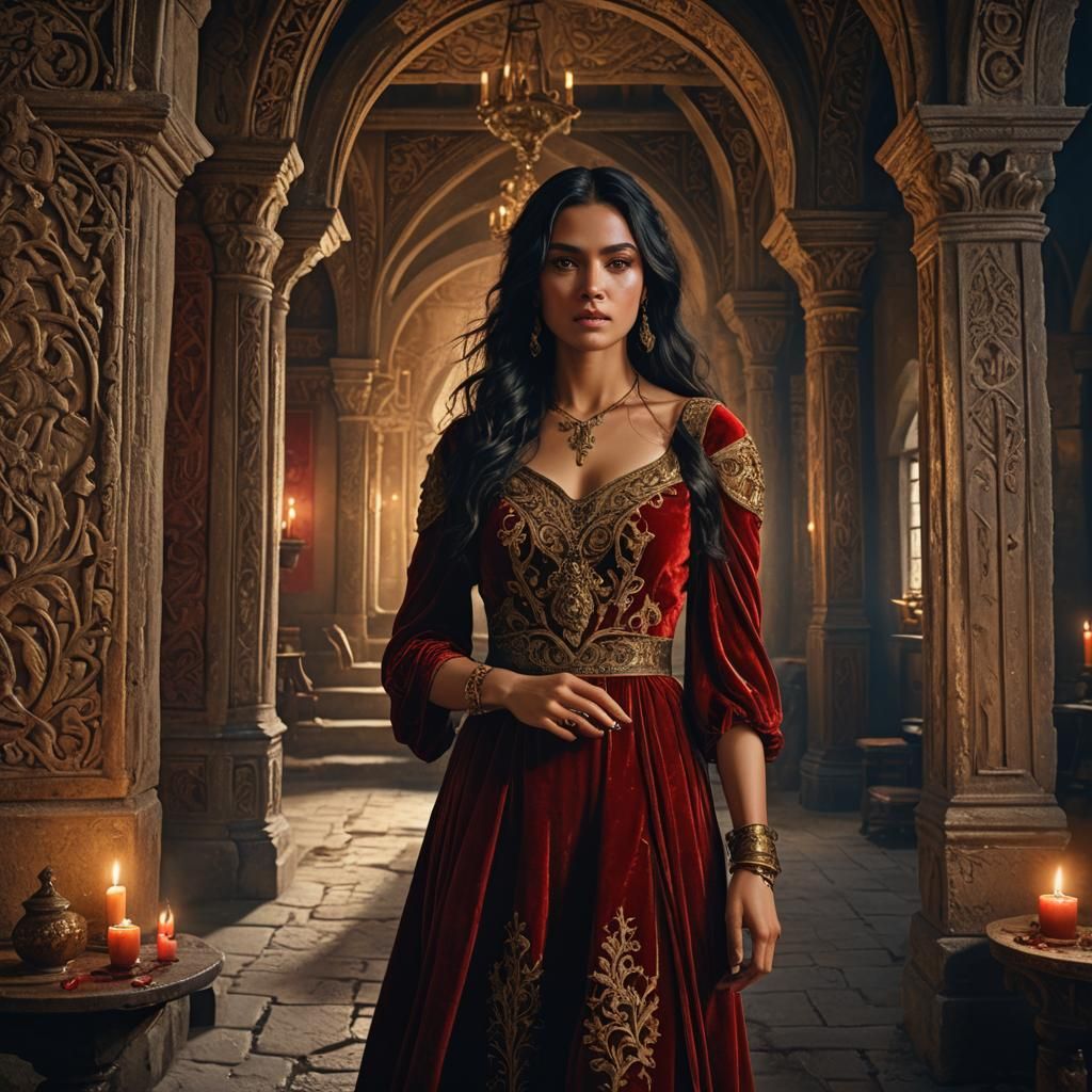 Medieval Woman with Dagger: Detailed Matte Painting