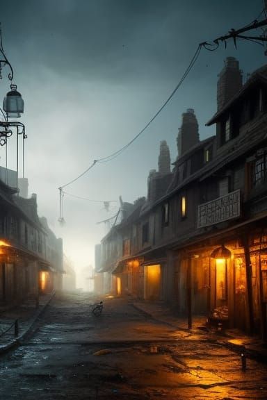 Medieval Shanty Town Alleyway at Night: Digital Matte Painti...