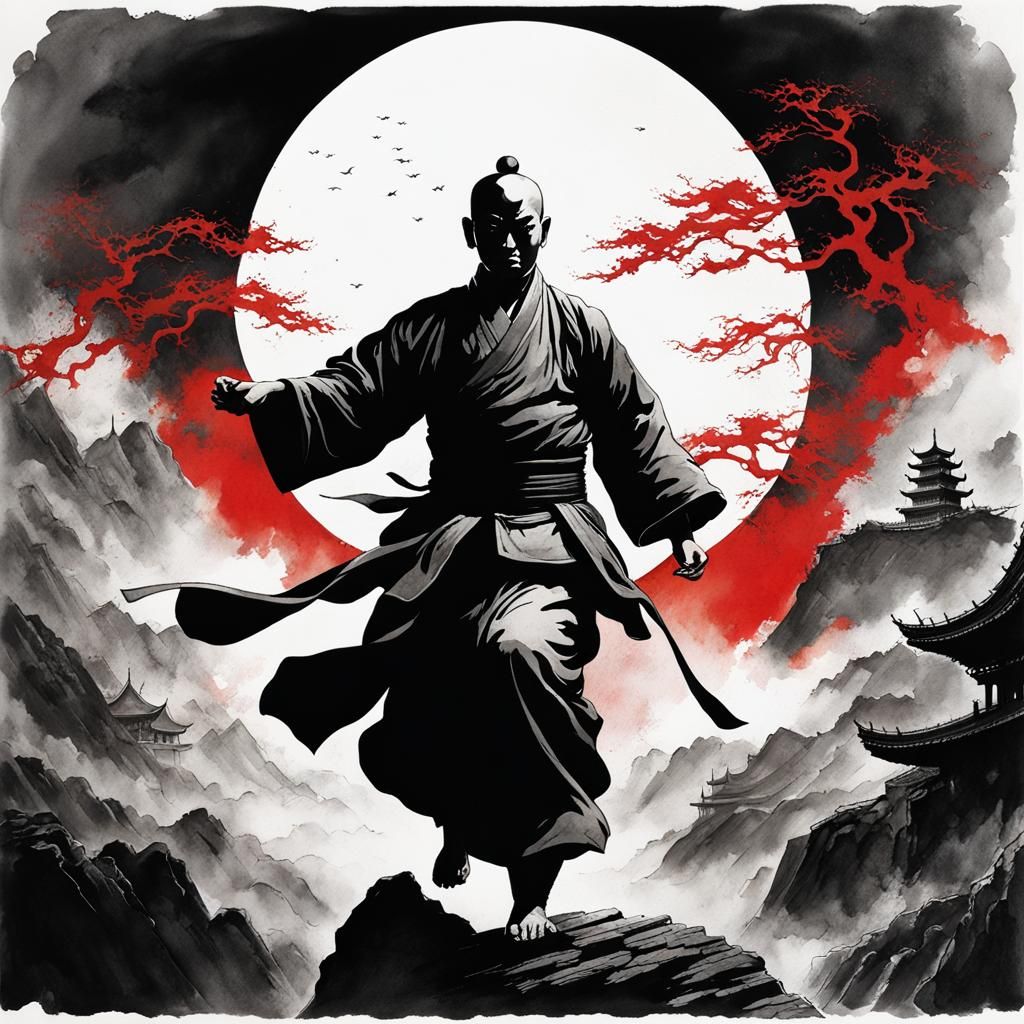 Monochrome Watercolor of Shaolin Monk with Rising Sun
