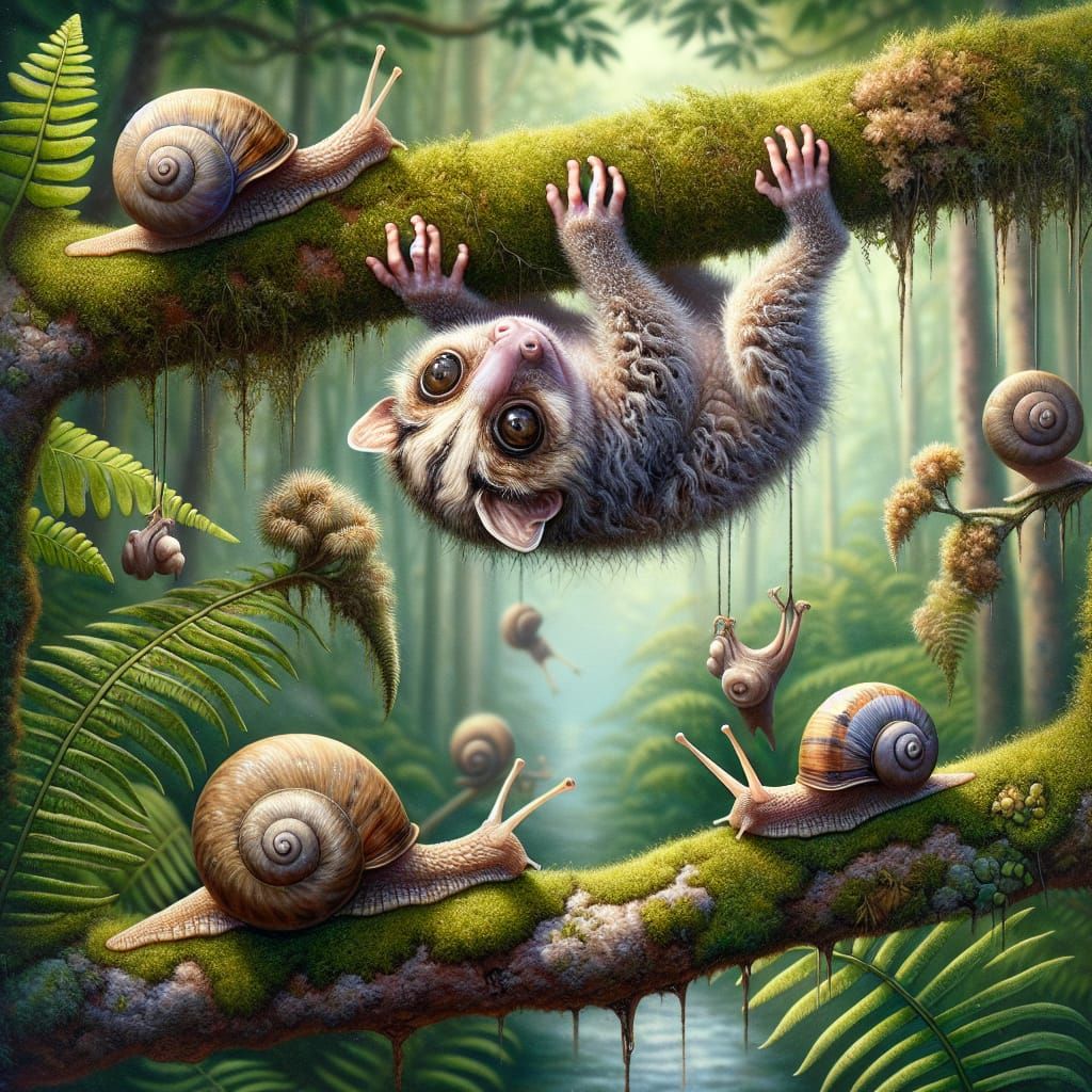 Bush Baby in Jungle Scene, Impressionistic Acrylic Painting