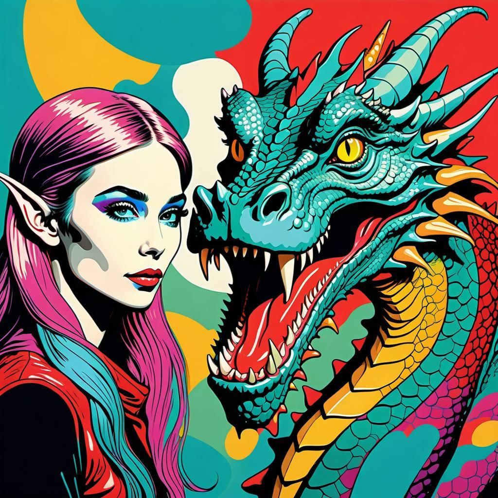 Elven Girl and Dragon in Pop Art Style