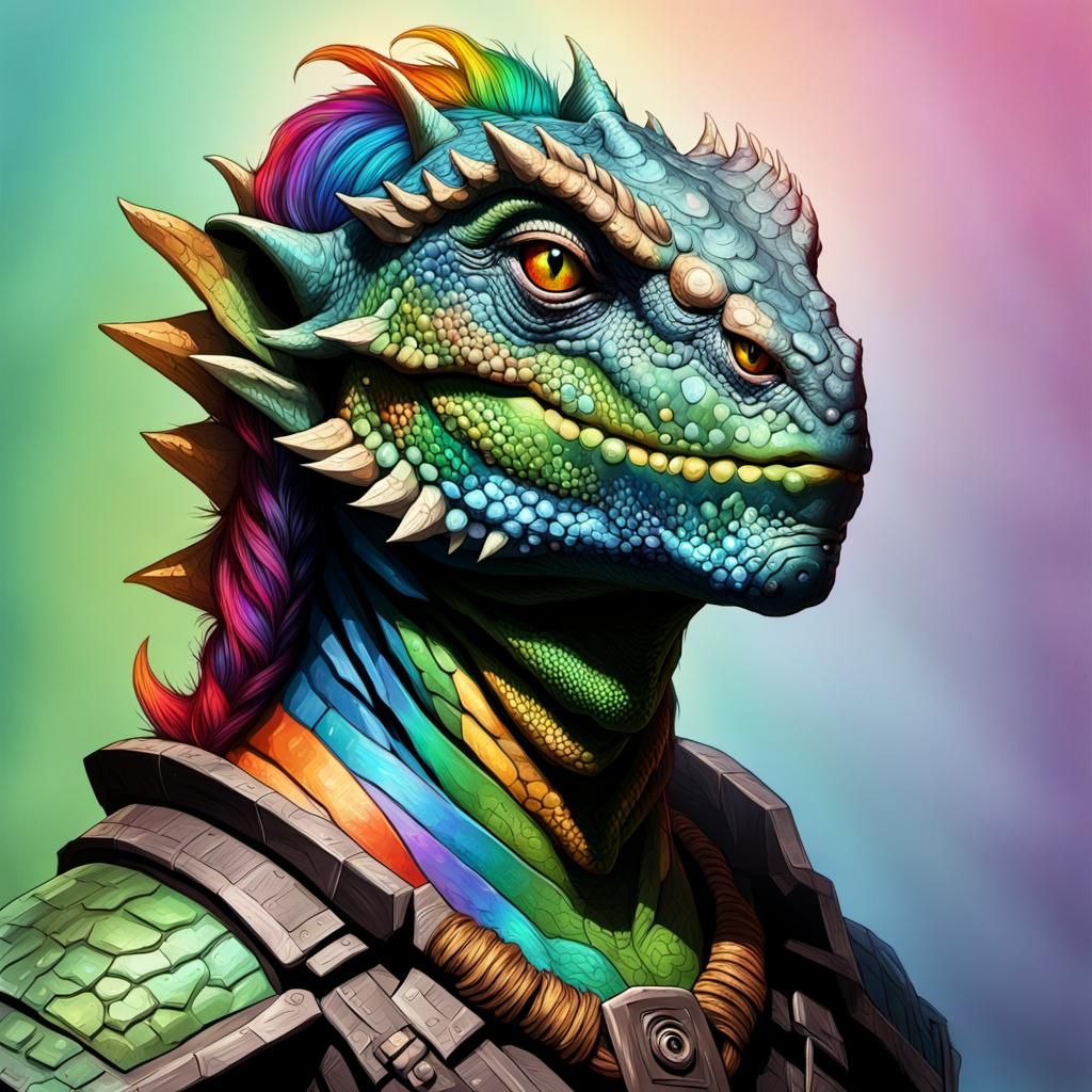 Detailed Argonian Male with Rainbow Hair, Hyperrealistic Art