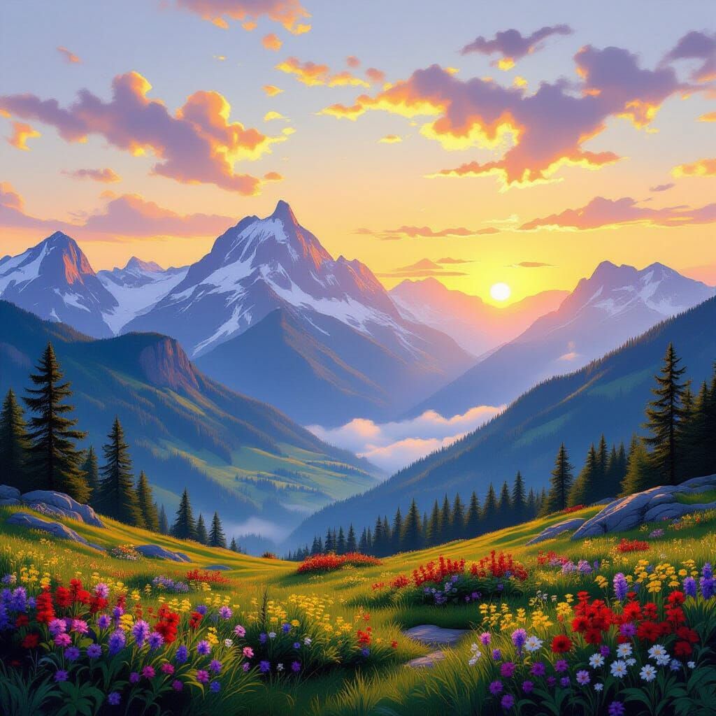 Sunset Mountain View in Bierstadt Style