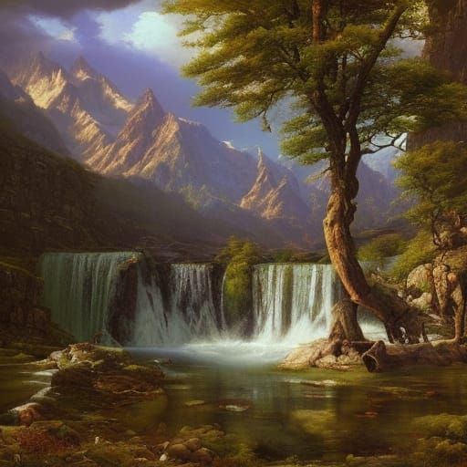 Farmhouse Landscape with Mayan Architecture, Detailed Painti...