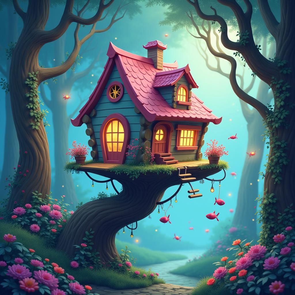 Whimsical Treehouse with Flying Fish in Candyland Style