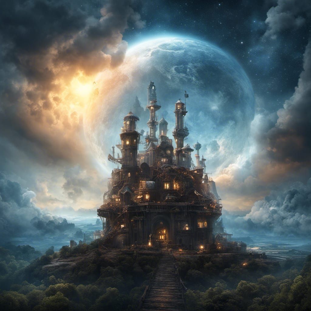Steampunk City in Clouds, Starry Sky, Photorealistic Style