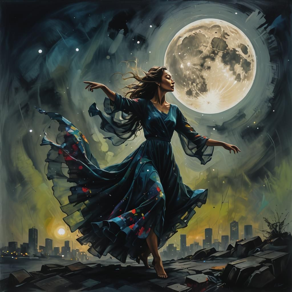 Woman Dancing Under Moon in Graffiti Art