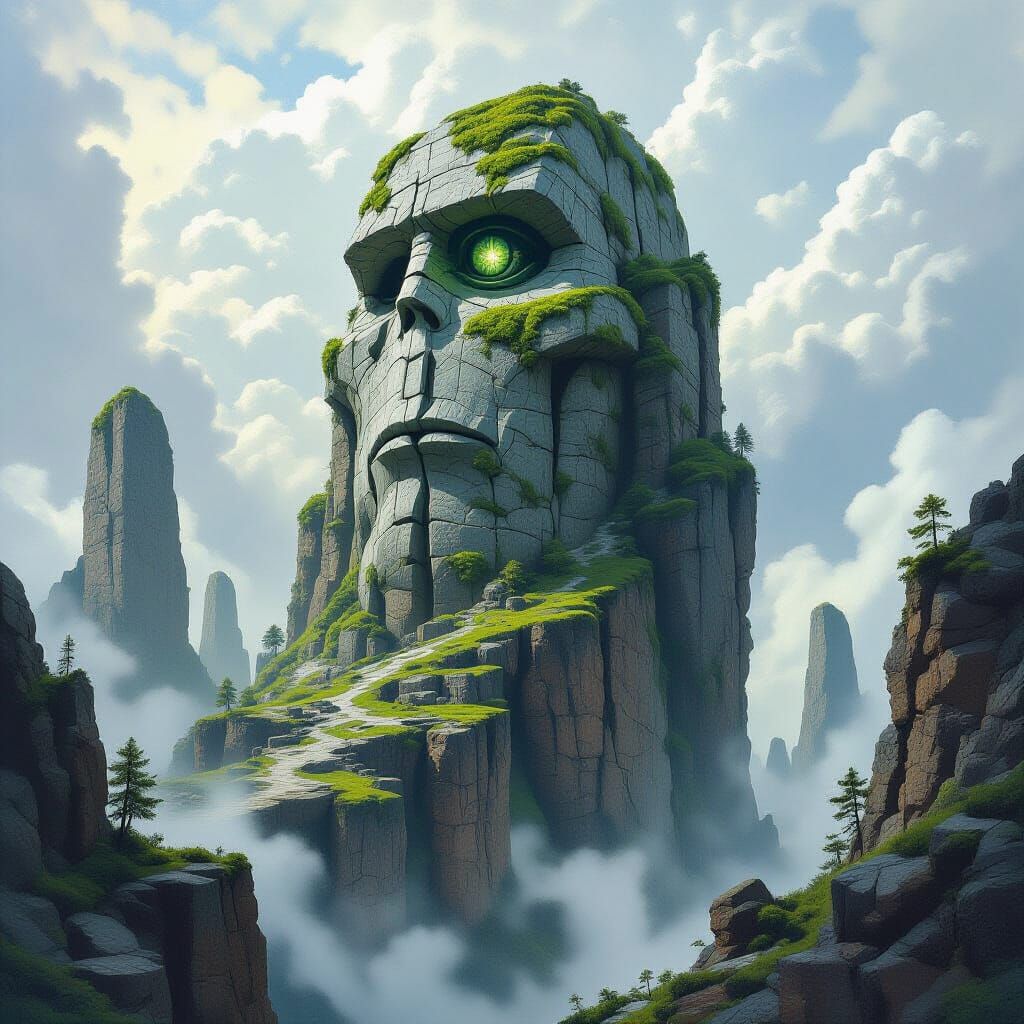 Colossal Stone Giant on Jagged Cliff in Dark Fantasy Style