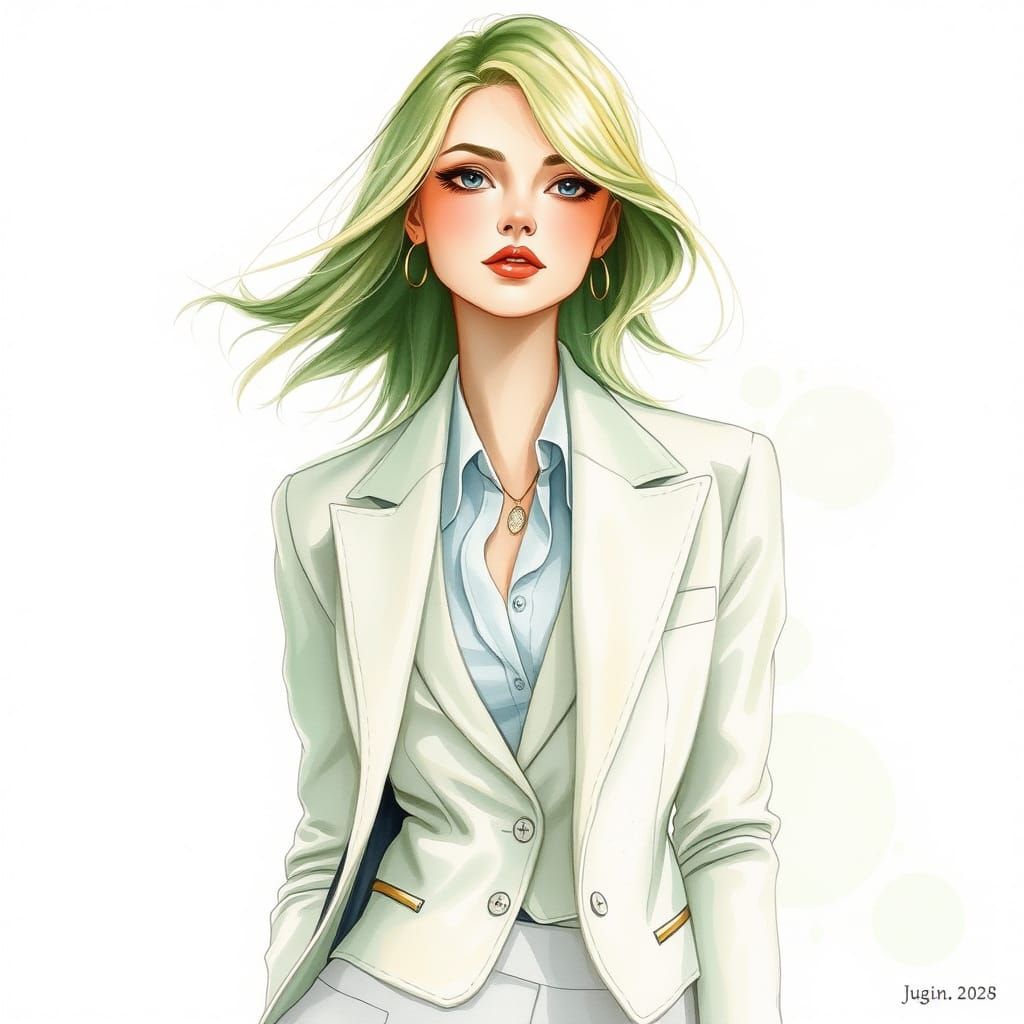 Woman in White Suit, Aquarelle Painting